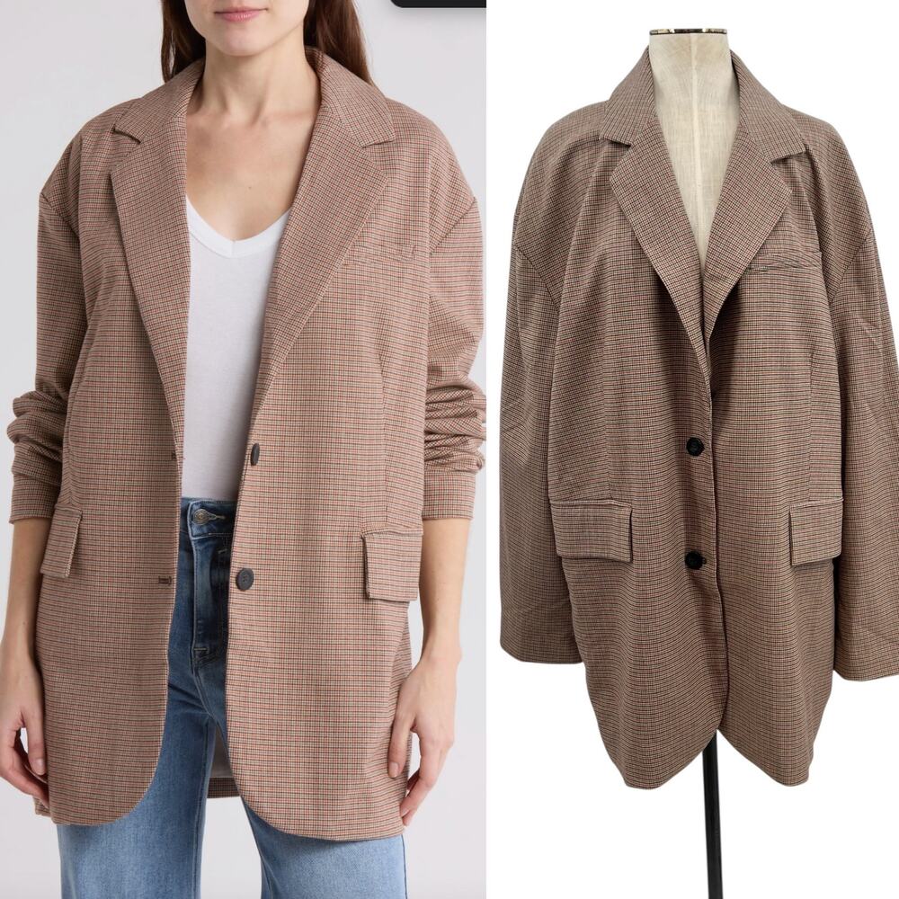 Free People Reggie Oversized Blazer Plaid Houndstooth Ginger Combo Size XL